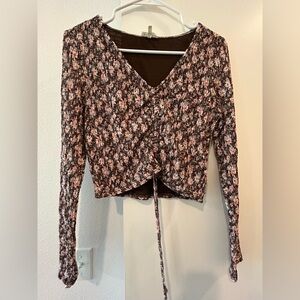 Promesa Brown Floral Long Sleeve Cropped Shirt Size M